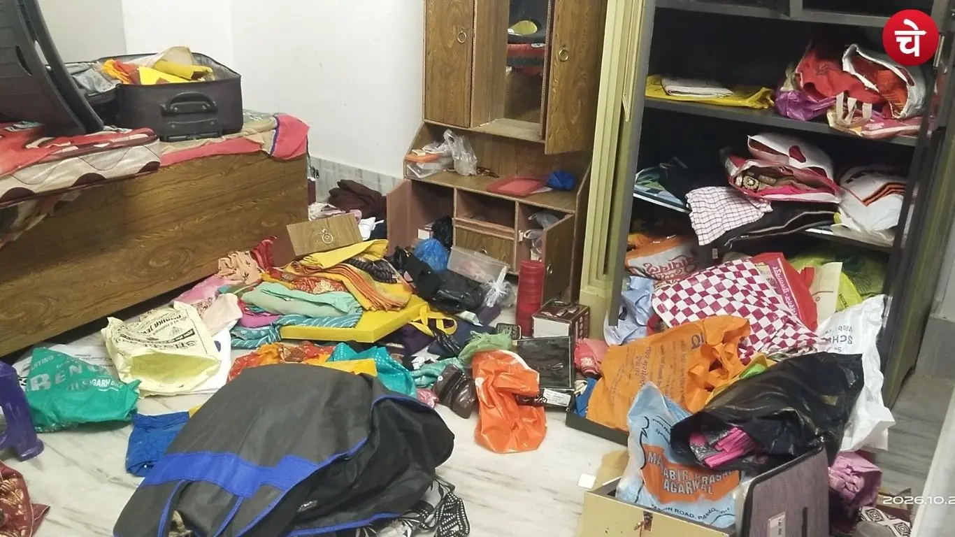 Belongings scattered inside a house following a theft in Jaisinghpur, Sultanpur